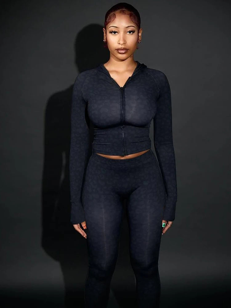 Cutenew Zip Leopard Set Women Tracksuit Hooded Jacket+Leggings Matching