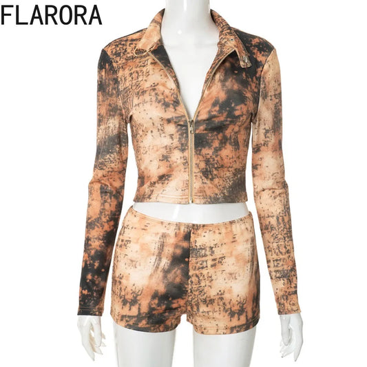 Prompearl Vintage Woman Long Sleeve Zipper Crop Jackets And Skinny Shorts