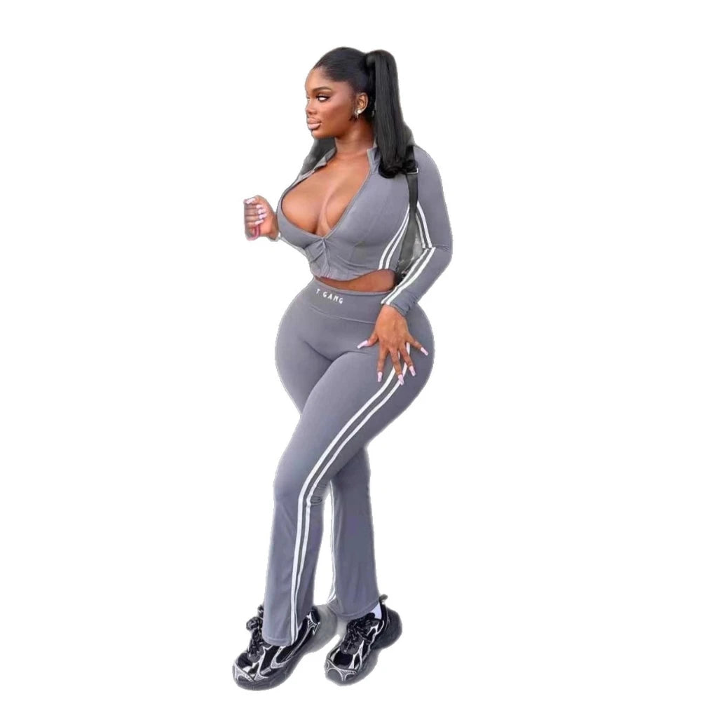 Prompearl Gray Fashion Stripe Print Skinny Pants Two Piece Sets Women