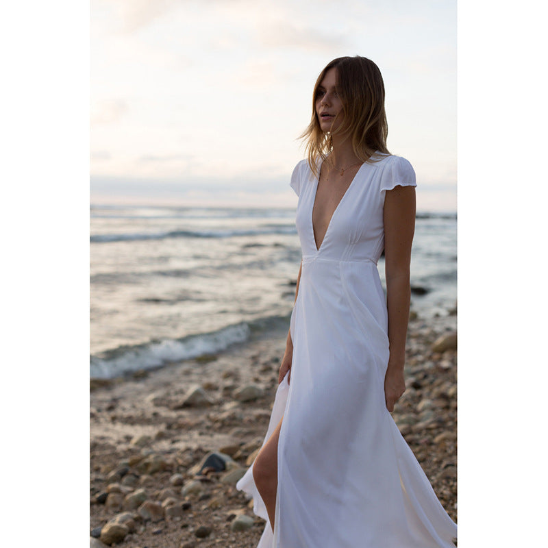 Short Sleeve Split Ankle-Length V-Neck Expansion Womens Dress