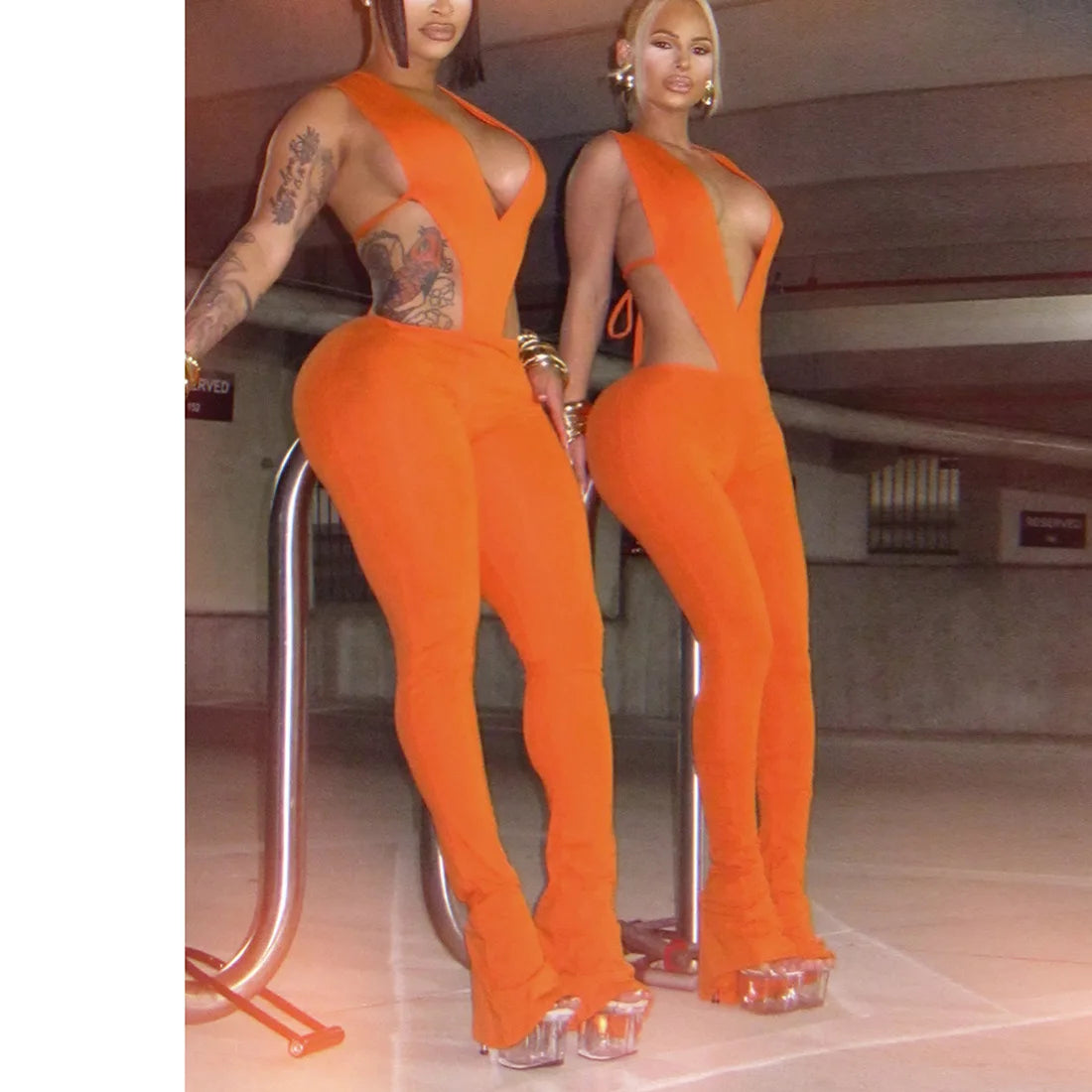 Women Sexy Club 2 Piece Set Deep V Neck Lace Up Backless Bodysuits Tops + Low Waist Peach Hips Skinny Pants Solid Tracksuits