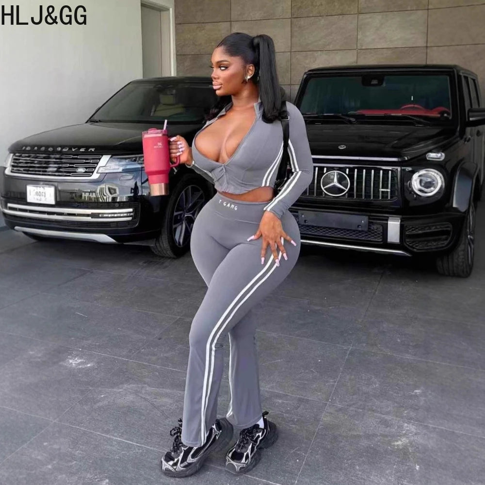 Prompearl Gray Fashion Stripe Print Skinny Pants Two Piece Sets Women