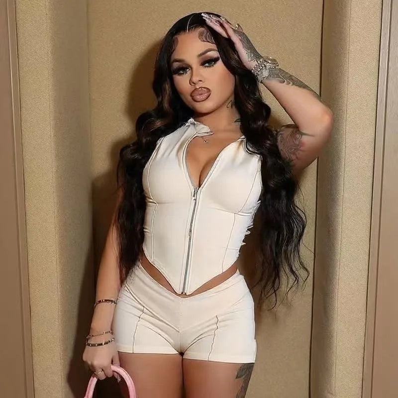 Fitness Women 2 Piece Set Zipper Fly Sleeveless Crop Top Skinny Biker Shorts Matching Set 2025 Summer New Popular Tracksuits