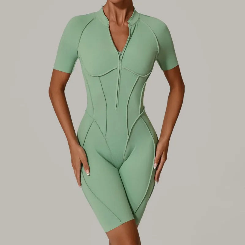 Women's Sports Jumpsuit Yoga Fitness Set with zipper & chest cushion