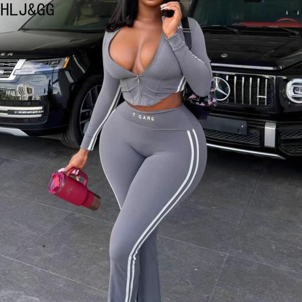 Prompearl Gray Fashion Stripe Print Skinny Pants Two Piece Sets Women