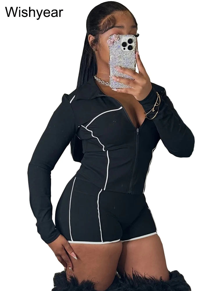 Fall Woman Clothes Tracksuit Yellow Long Sleeve Zip Jacket Crop Tops and Skinny Shorts