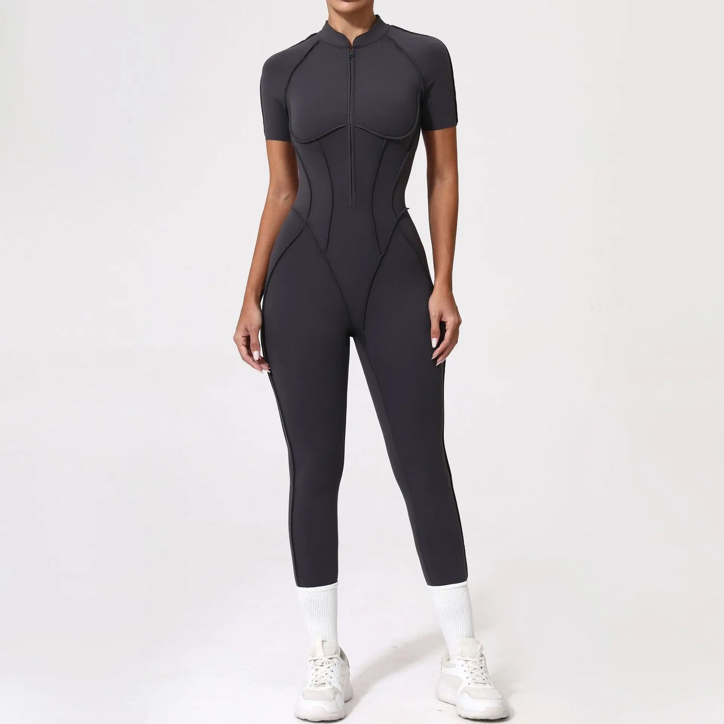 Women's Sports Jumpsuit Yoga Fitness Set with zipper & chest cushion