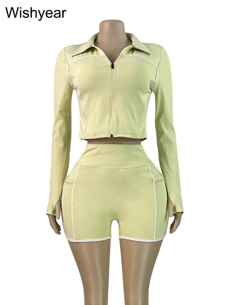 Fall Woman Clothes Tracksuit Yellow Long Sleeve Zip Jacket Crop Tops and Skinny Shorts