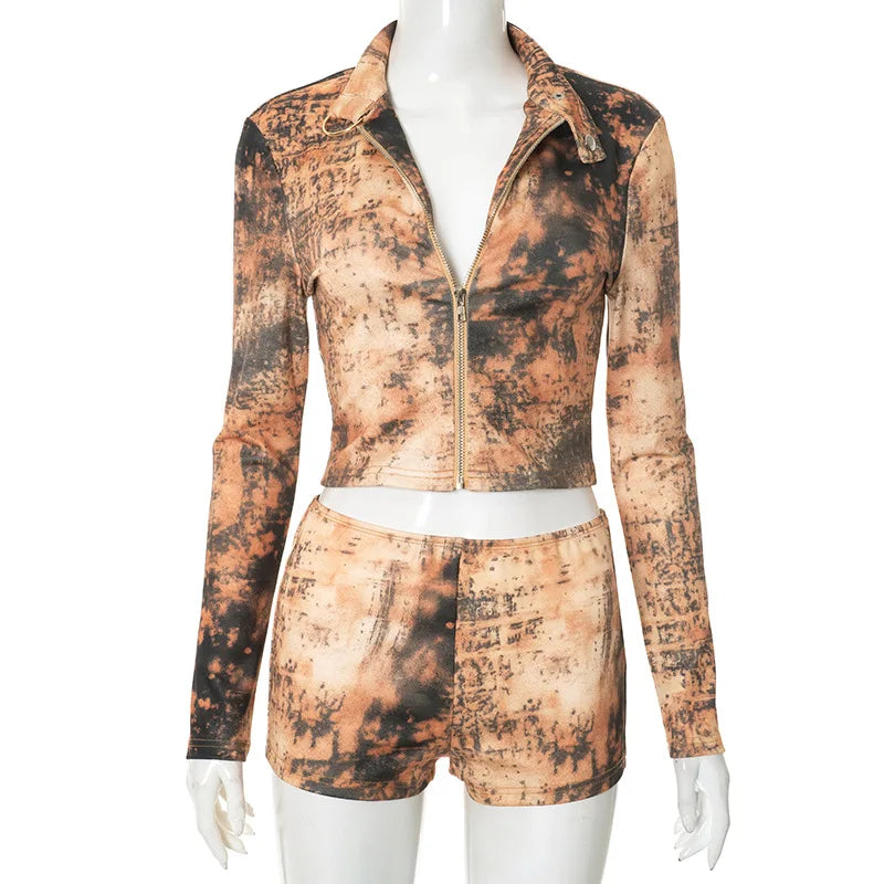 Prompearl  Vintage Woman Long Sleeve Zipper Crop Jackets And Skinny Shorts