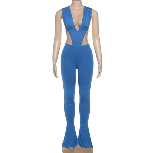 Women Sexy Club 2 Piece Set Deep V Neck Lace Up Backless Bodysuits Tops + Low Waist Peach Hips Skinny Pants Solid Tracksuits