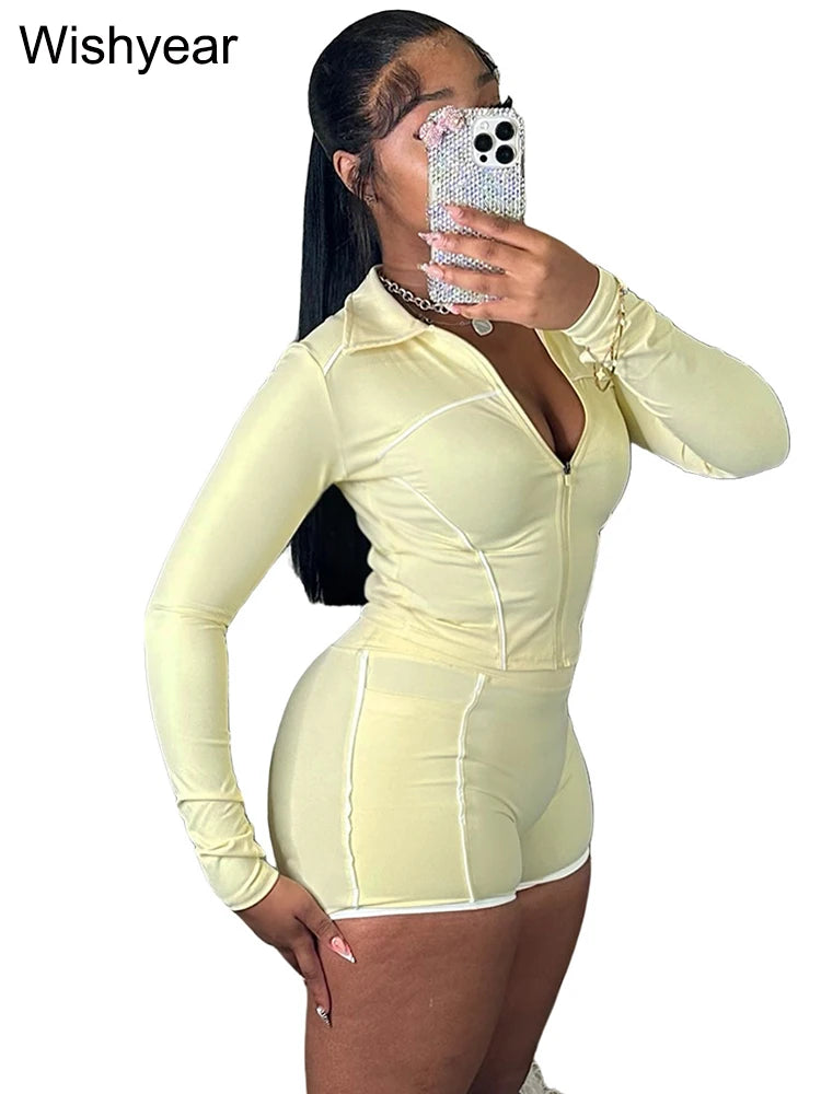 Fall Woman Clothes Tracksuit Yellow Long Sleeve Zip Jacket Crop Tops and Skinny Shorts