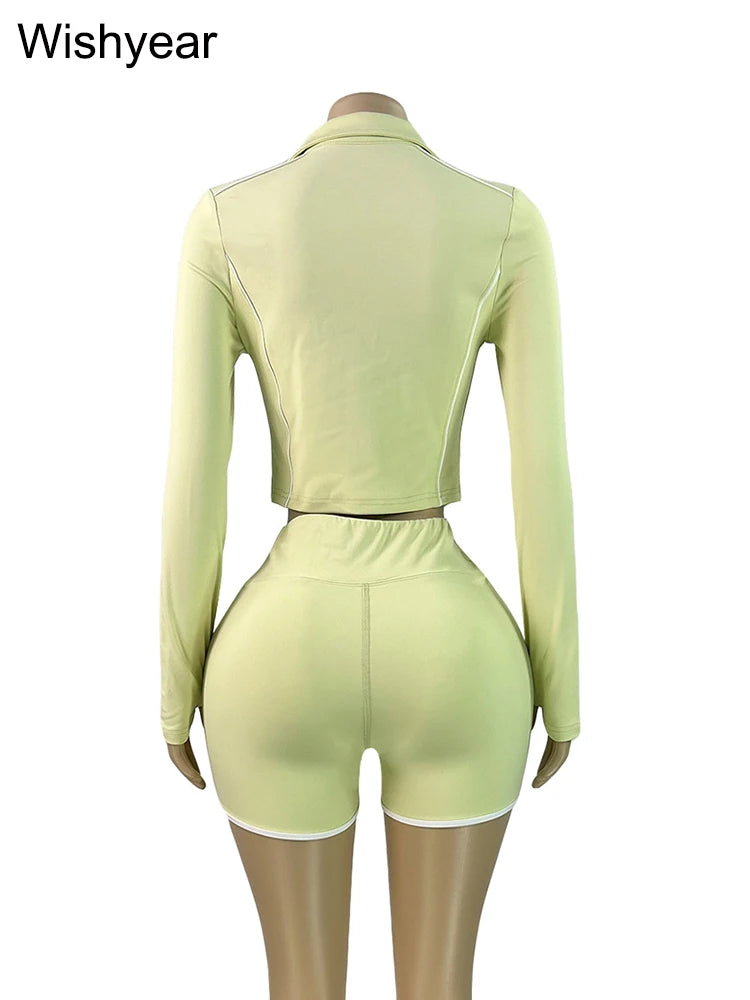 Fall Woman Clothes Tracksuit Yellow Long Sleeve Zip Jacket Crop Tops and Skinny Shorts