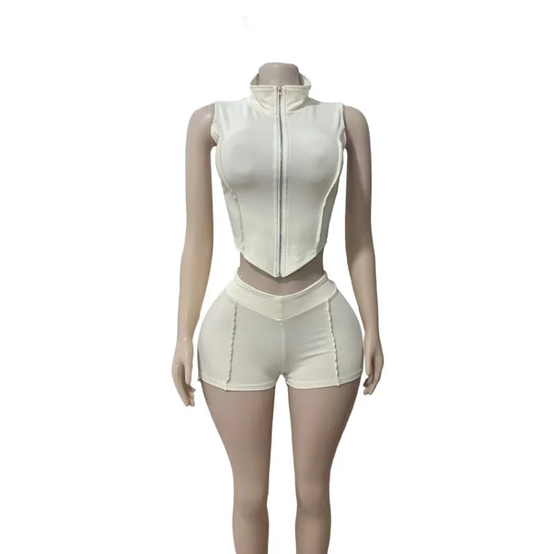 Fitness Women 2 Piece Set Zipper Fly Sleeveless Crop Top Skinny Biker Shorts Matching Set 2025 Summer New Popular Tracksuits