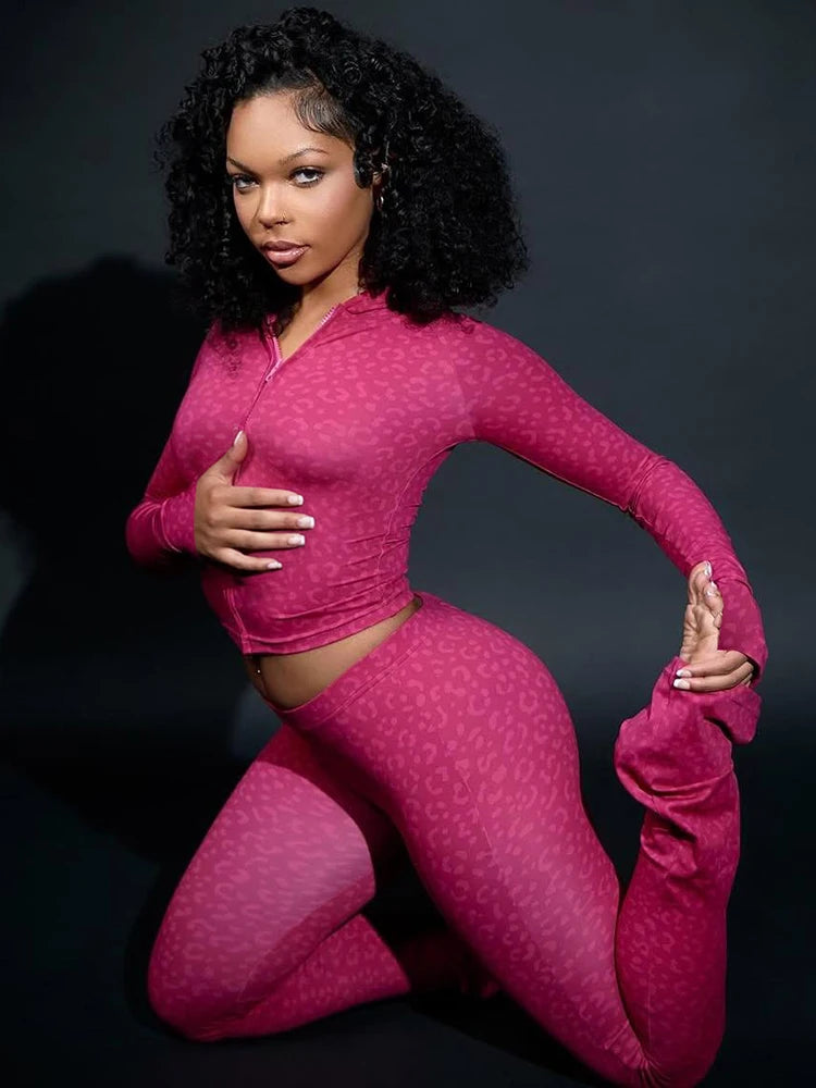 Cutenew Zip Leopard Set Women Tracksuit Hooded Jacket+Leggings Matching