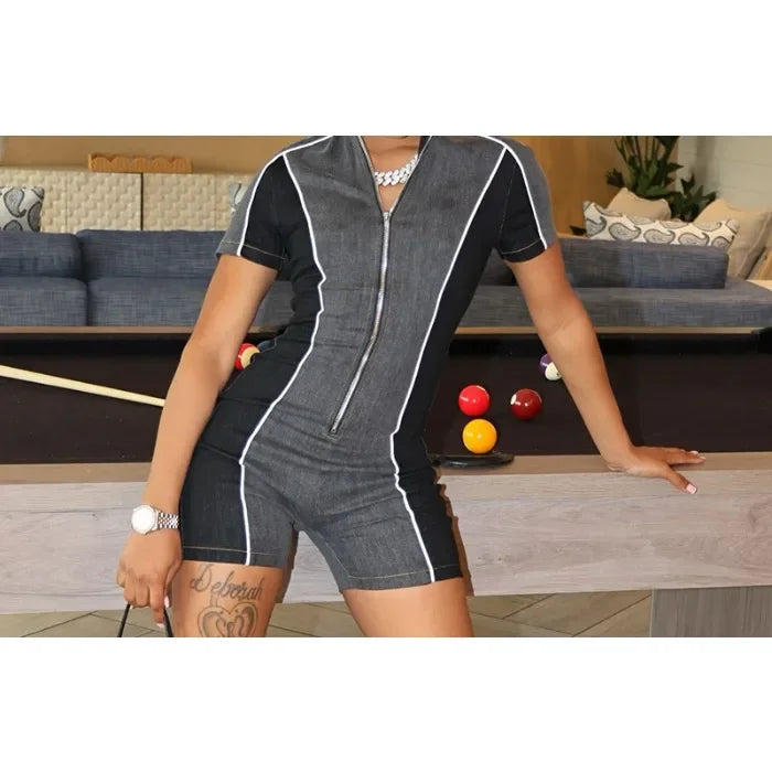 Sports Jumpsuit Shorts Women Clothes Fashionable Slim Fit Sexy Contrasting Zipper Short