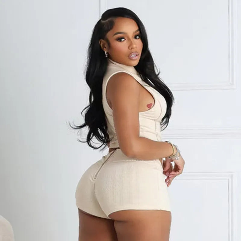 Fitness Women 2 Piece Set Zipper Fly Sleeveless Crop Top Skinny Biker Shorts Matching Set 2025 Summer New Popular Tracksuits