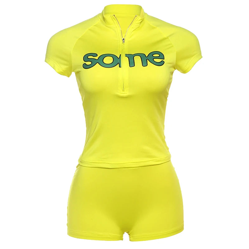 Whatiwear Casual Sporty 2 Piece Set Women Letter Print Zip Crop Tops+Skinny Stretch Shorts Matching Simple Fashion Tracksuits