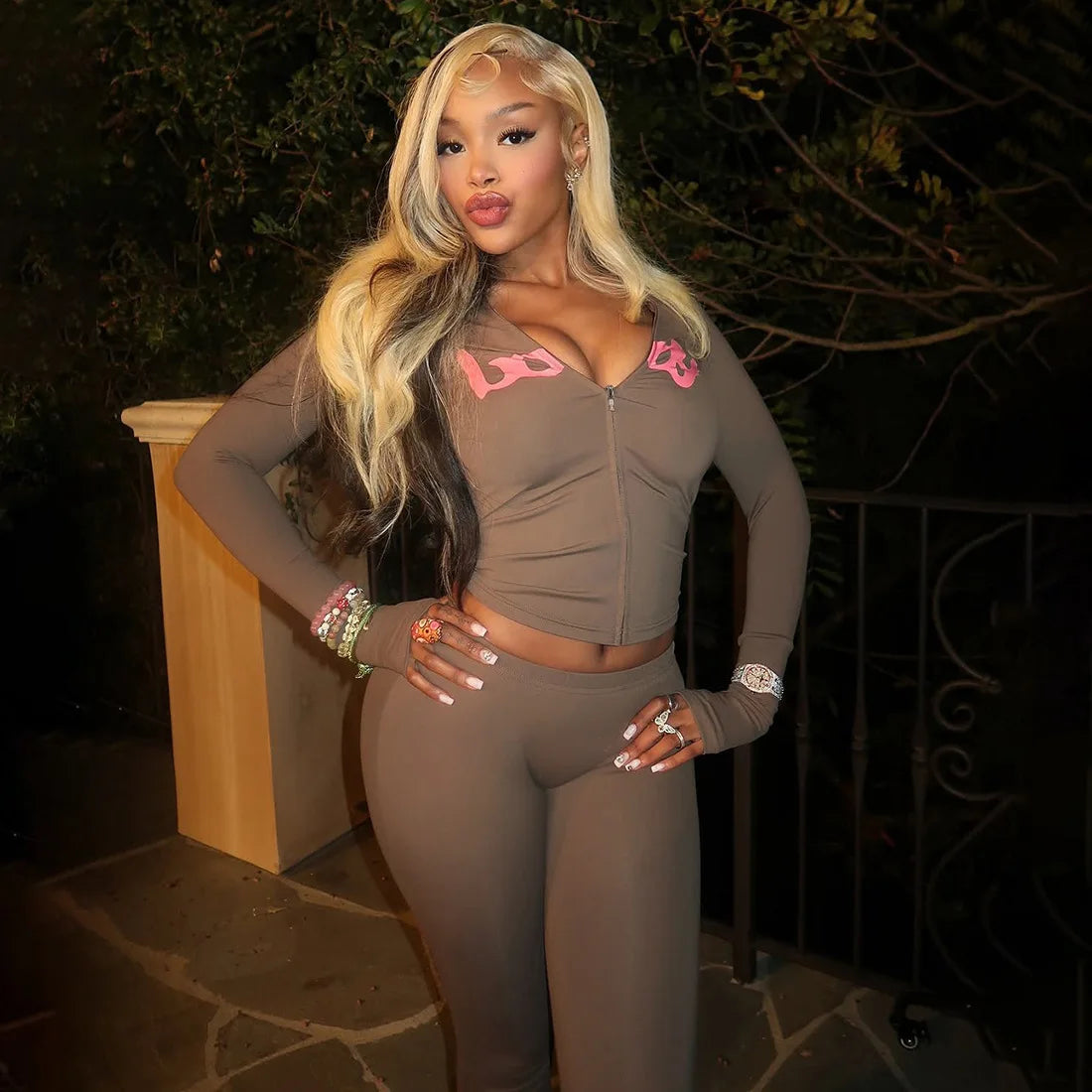 Letter Printed Women 2 Piece Set Leopard Zipper Fly Sweatshirt Skinny Pants Matching Set 2025 Autumn Winter Sporty Tracksuits