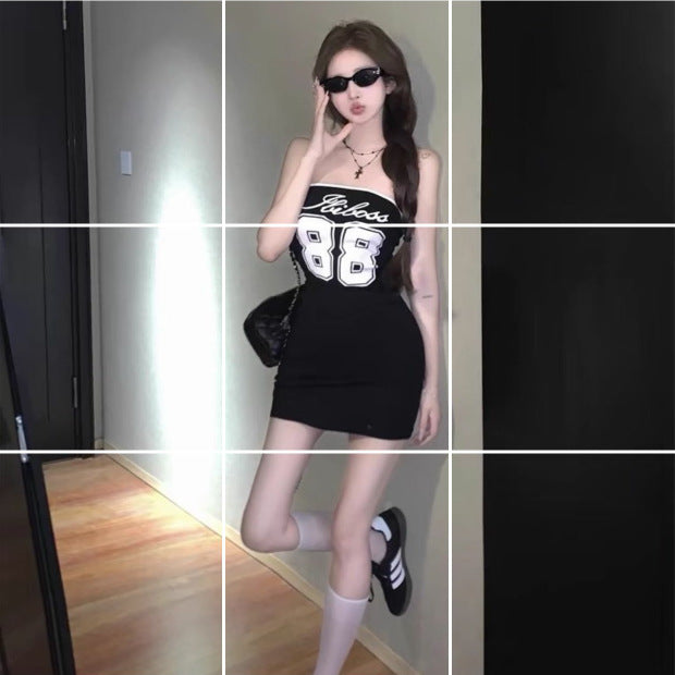 Hot Girl Waist Trimming Printing Tube Top Dress Sexy