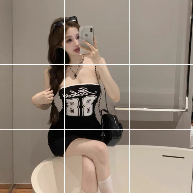 Hot Girl Waist Trimming Printing Tube Top Dress Sexy