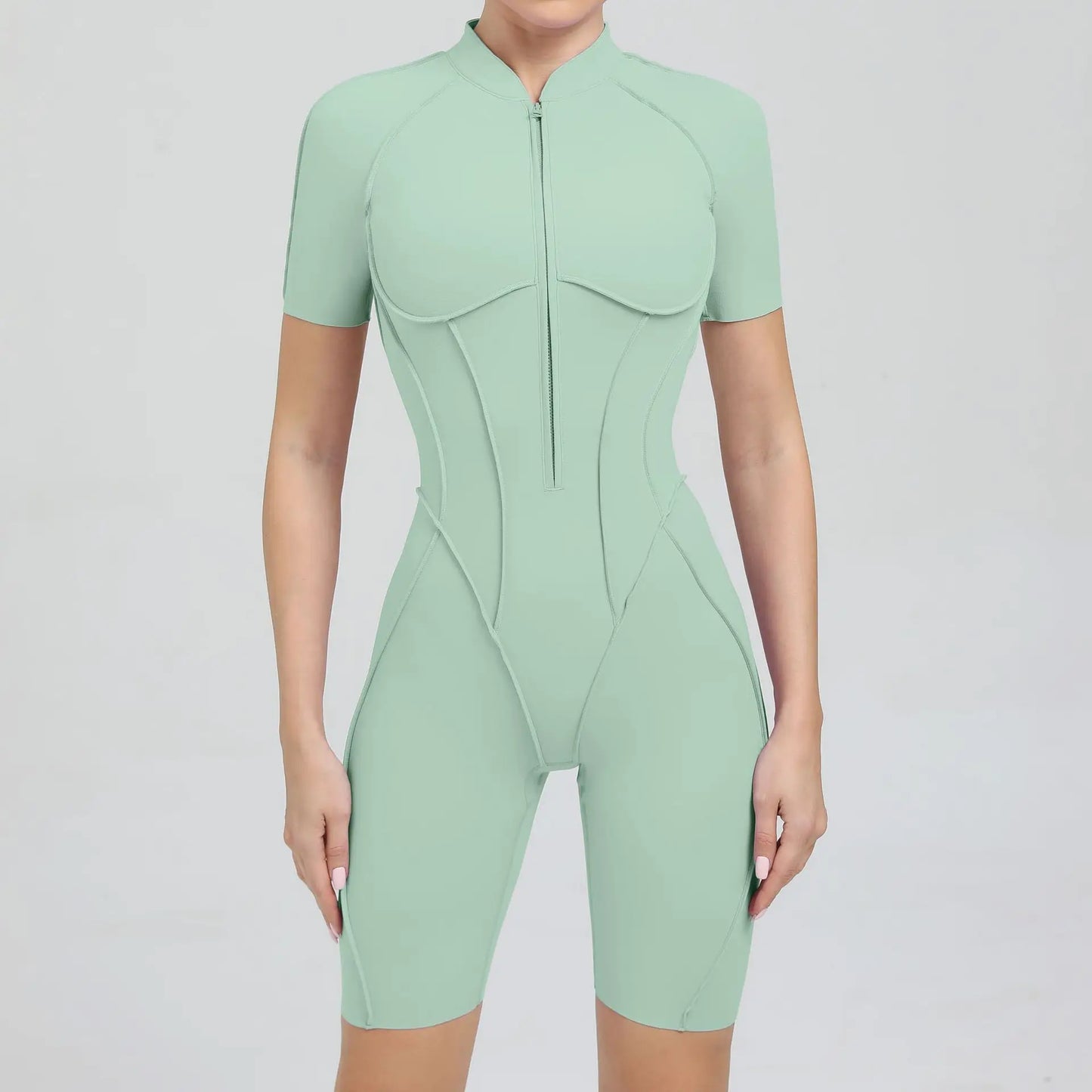 Women's Sports Jumpsuit Yoga Fitness Set with zipper & chest cushion