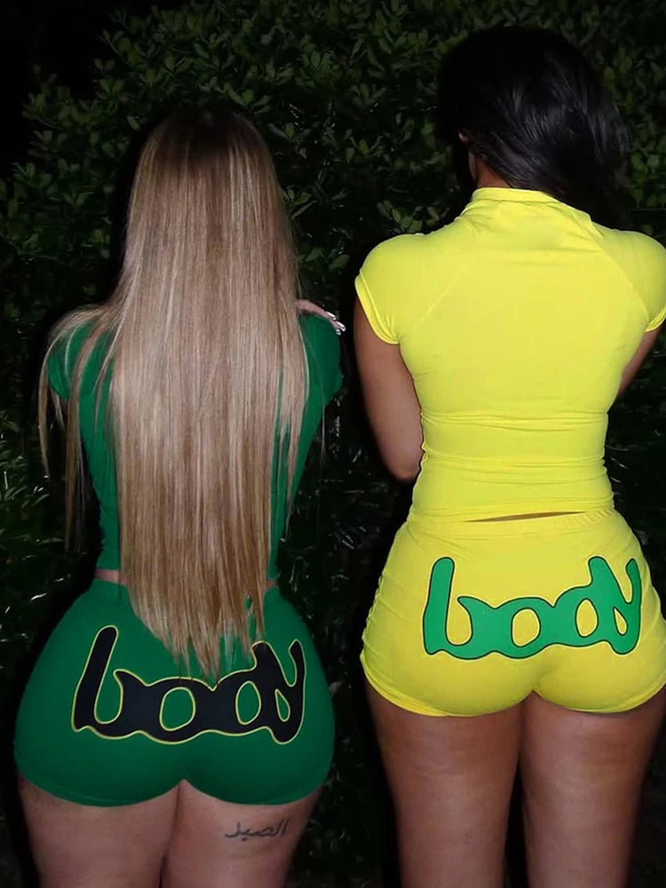 Whatiwear Casual Sporty 2 Piece Set Women Letter Print Zip Crop Tops+Skinny Stretch Shorts Matching Simple Fashion Tracksuits