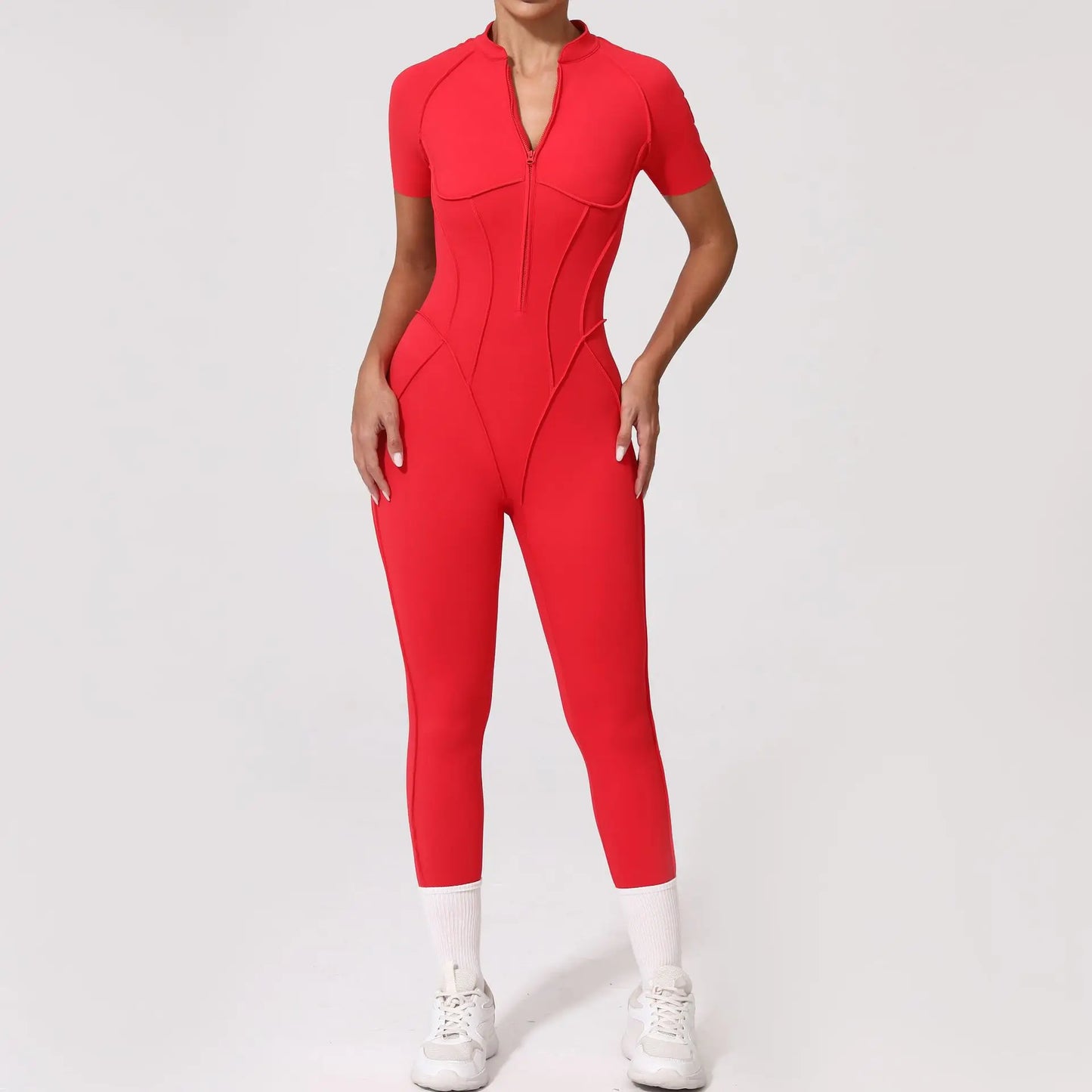 Women's Sports Jumpsuit Yoga Fitness Set with zipper & chest cushion