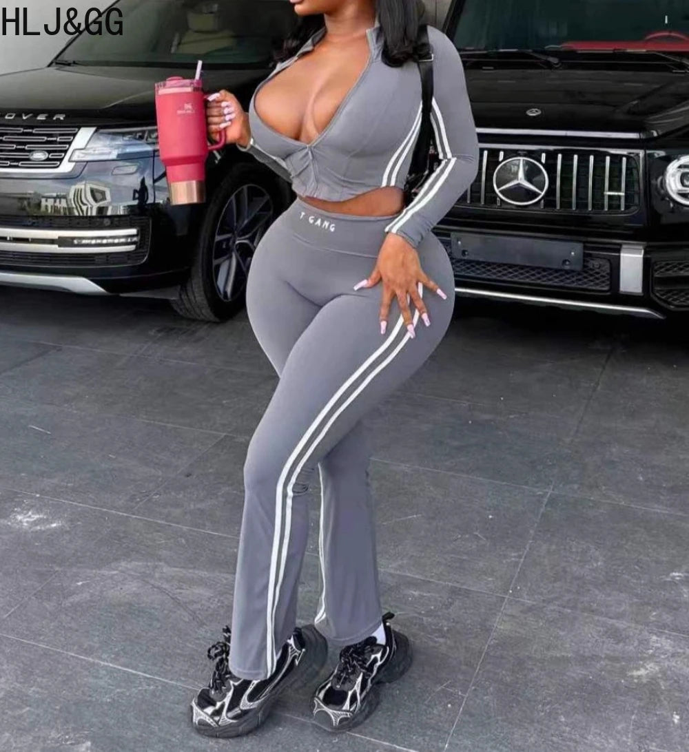 Prompearl Gray Fashion Stripe Print Skinny Pants Two Piece Sets Women