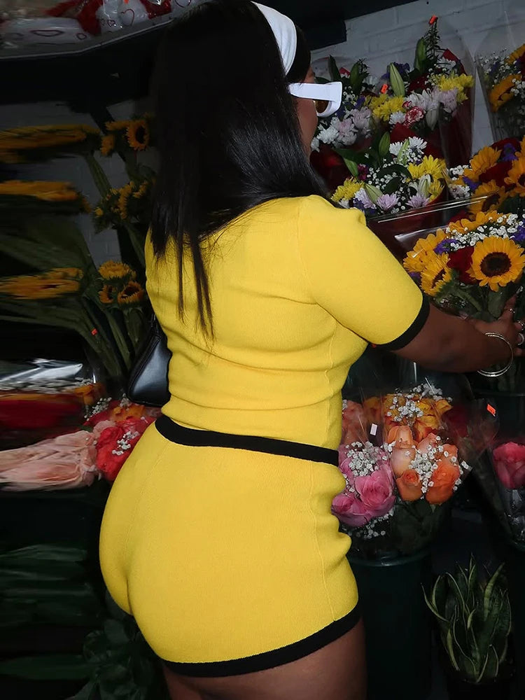 Prompearl Casual 2 piece Set Women Tracksuit Hipster Polo Neck Crop Tops+Button Shorts