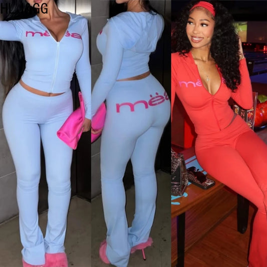 Prompearl Hooded Tracksuits Women Zipper Long Sleeve Slim Top And Skinny Pants Outfits Fashion Streetwear