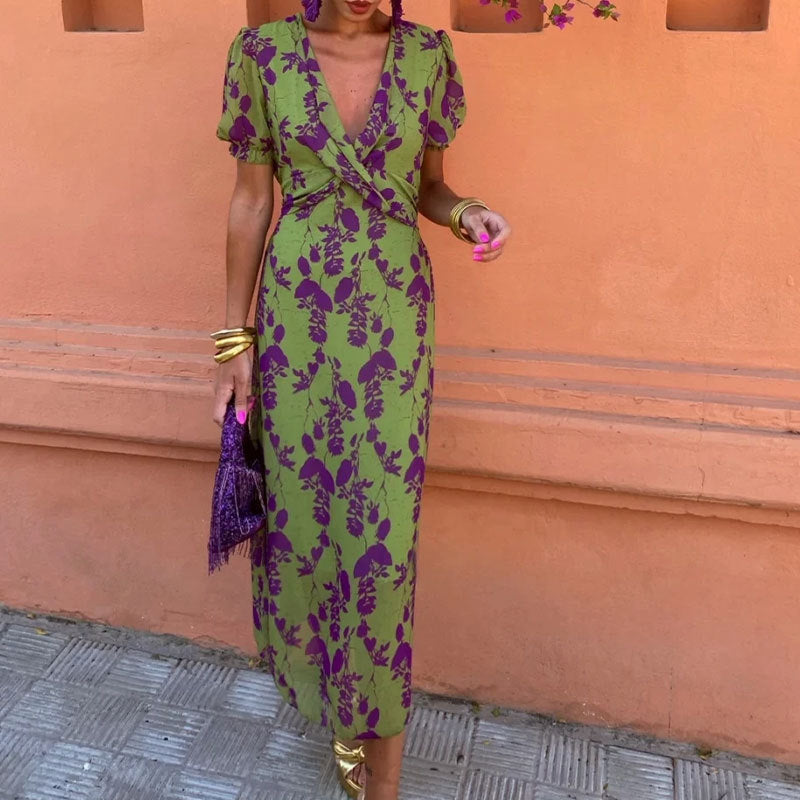 Summer V-neck Short-sleeved Dress Fashion Flowers Printed Slim Beach Dresses For Women Clothing