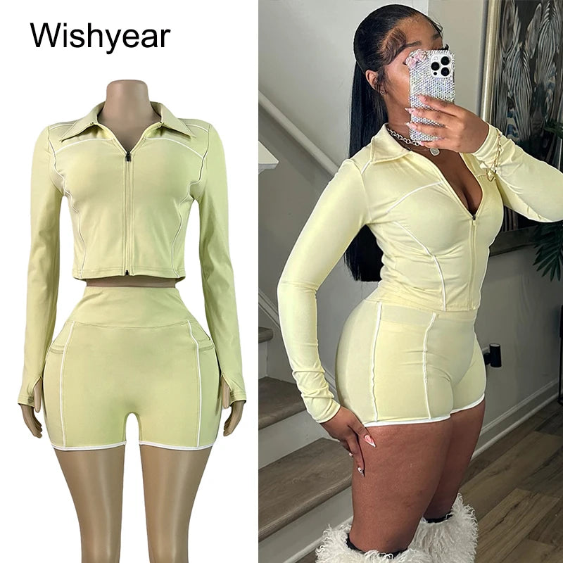 Fall Woman Clothes Tracksuit Yellow Long Sleeve Zip Jacket Crop Tops and Skinny Shorts