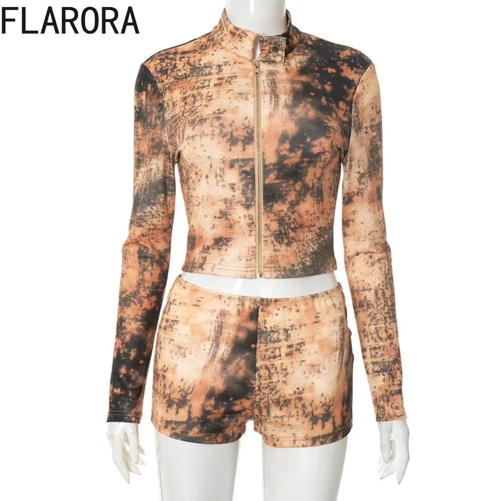 Prompearl  Vintage Woman Long Sleeve Zipper Crop Jackets And Skinny Shorts