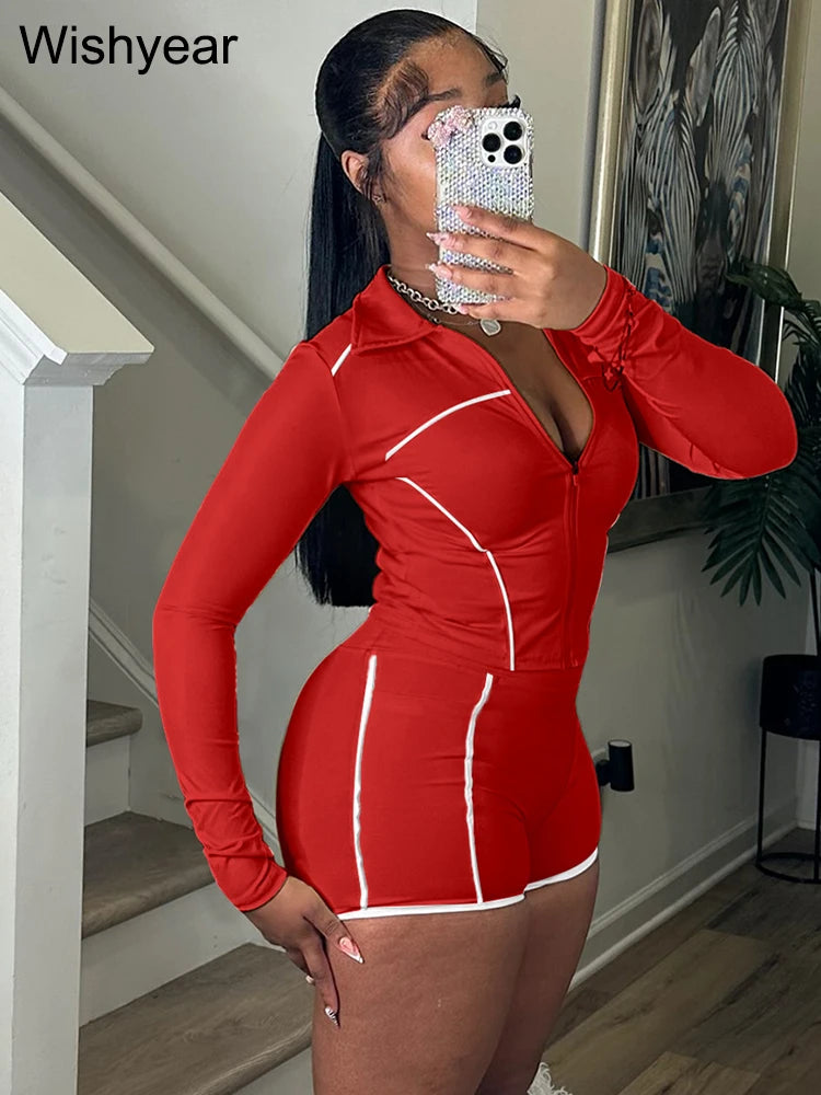 Fall Woman Clothes Tracksuit Yellow Long Sleeve Zip Jacket Crop Tops and Skinny Shorts