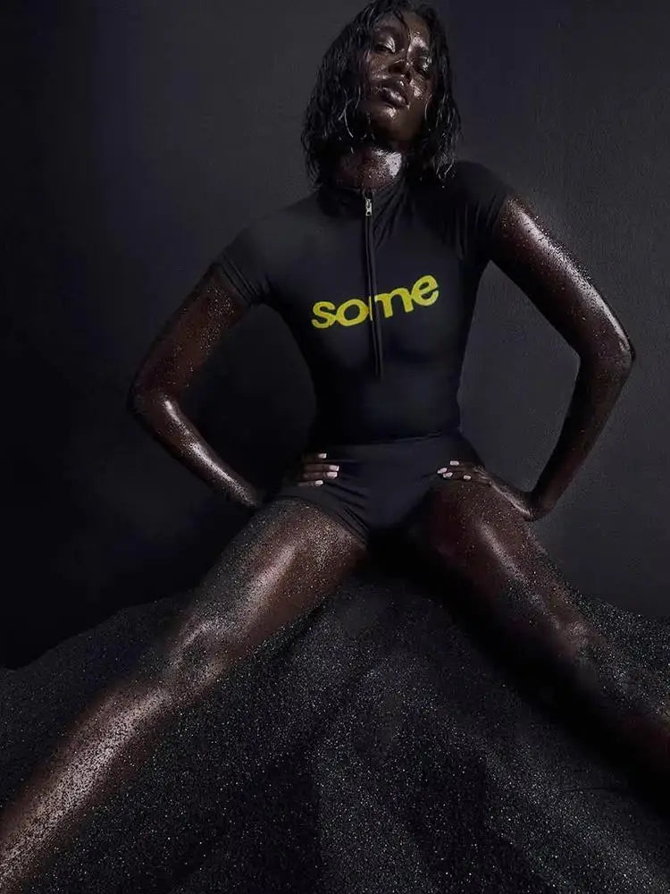 Prompearl Casual Sporty Set Women Letter Print Zip Tops+Skinny Stretch Shorts Match