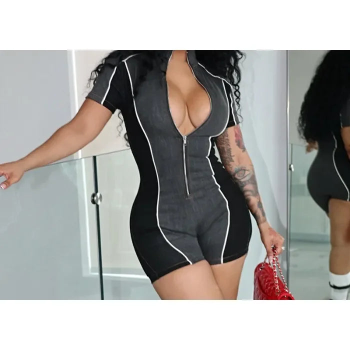 Sports Jumpsuit Shorts Women Clothes Fashionable Slim Fit Sexy Contrasting Zipper Short