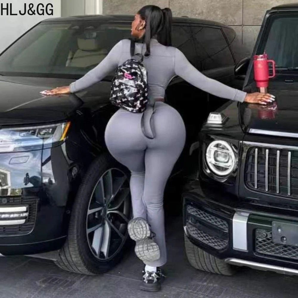 Prompearl Gray Fashion Stripe Print Skinny Pants Two Piece Sets Women