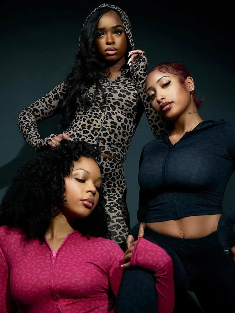 Cutenew Zip Leopard Set Women Tracksuit Hooded Jacket+Leggings Matching