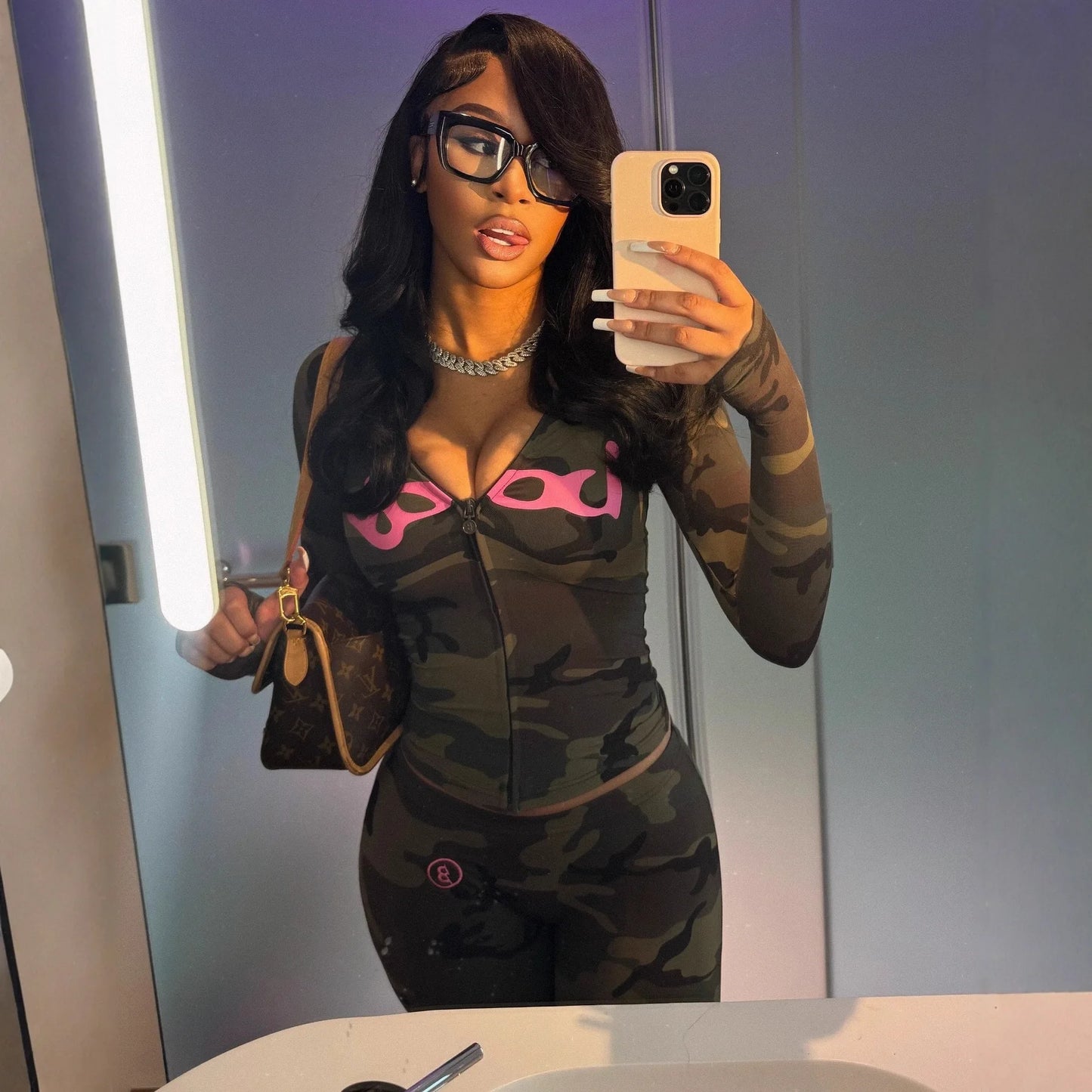 Yaminiya Y2K Sexy Autumn Print Fashionable Tight Fitting V-Neck Long Sleeved Zipper