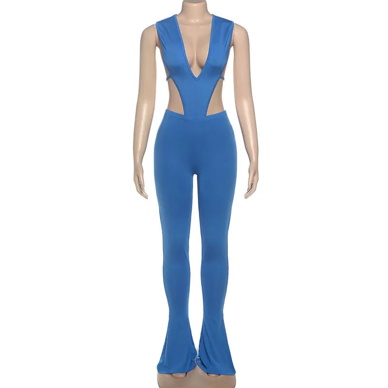 Women Sexy Club 2 Piece Set Deep V Neck Lace Up Backless Bodysuits Tops + Low Waist Peach Hips Skinny Pants Solid Tracksuits