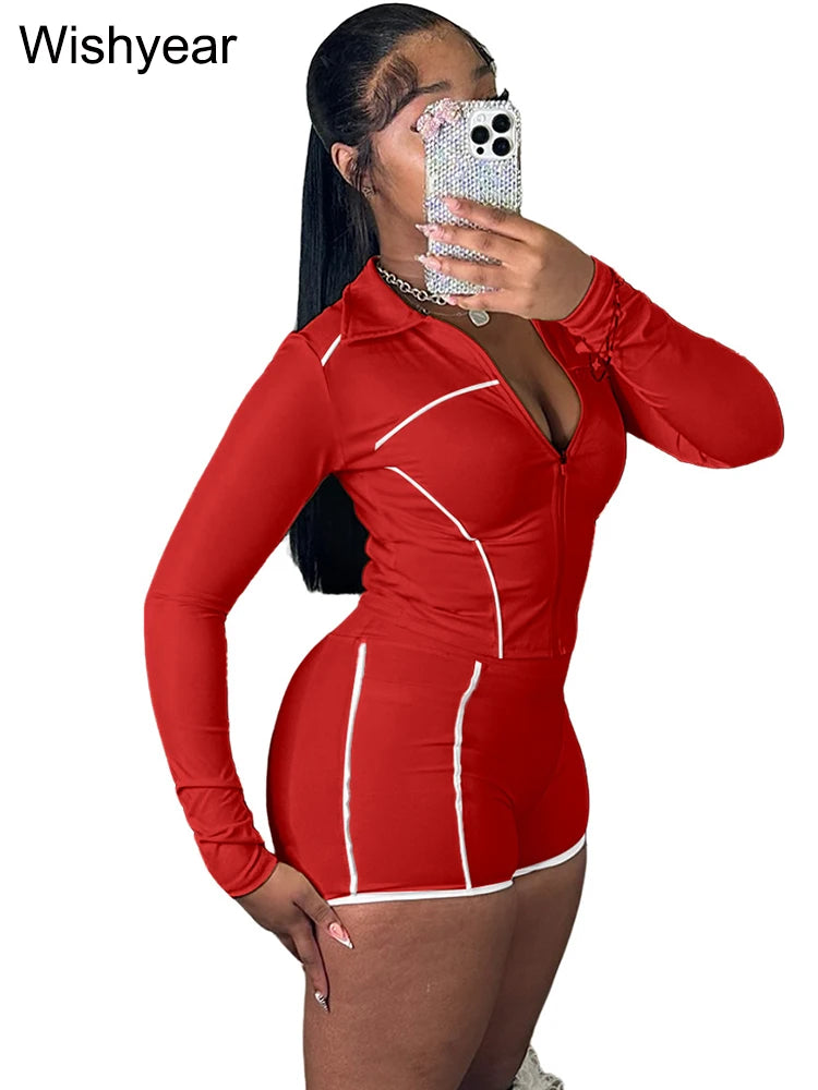 Fall Woman Clothes Tracksuit Yellow Long Sleeve Zip Jacket Crop Tops and Skinny Shorts