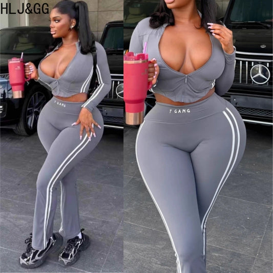 Prompearl Gray Fashion Stripe Print Skinny Pants Two Piece Sets Women