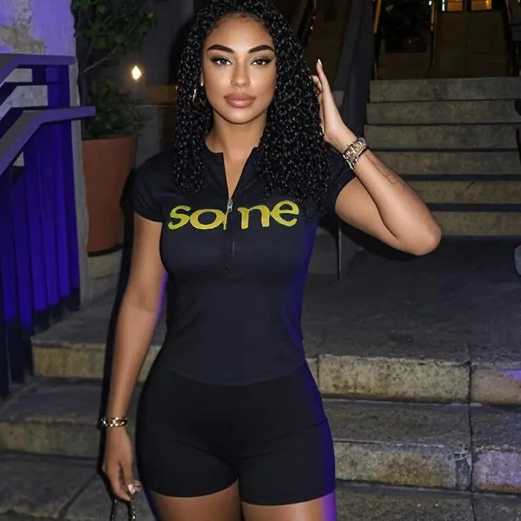 Whatiwear Casual Sporty 2 Piece Set Women Letter Print Zip Crop Tops+Skinny Stretch Shorts Matching Simple Fashion Tracksuits