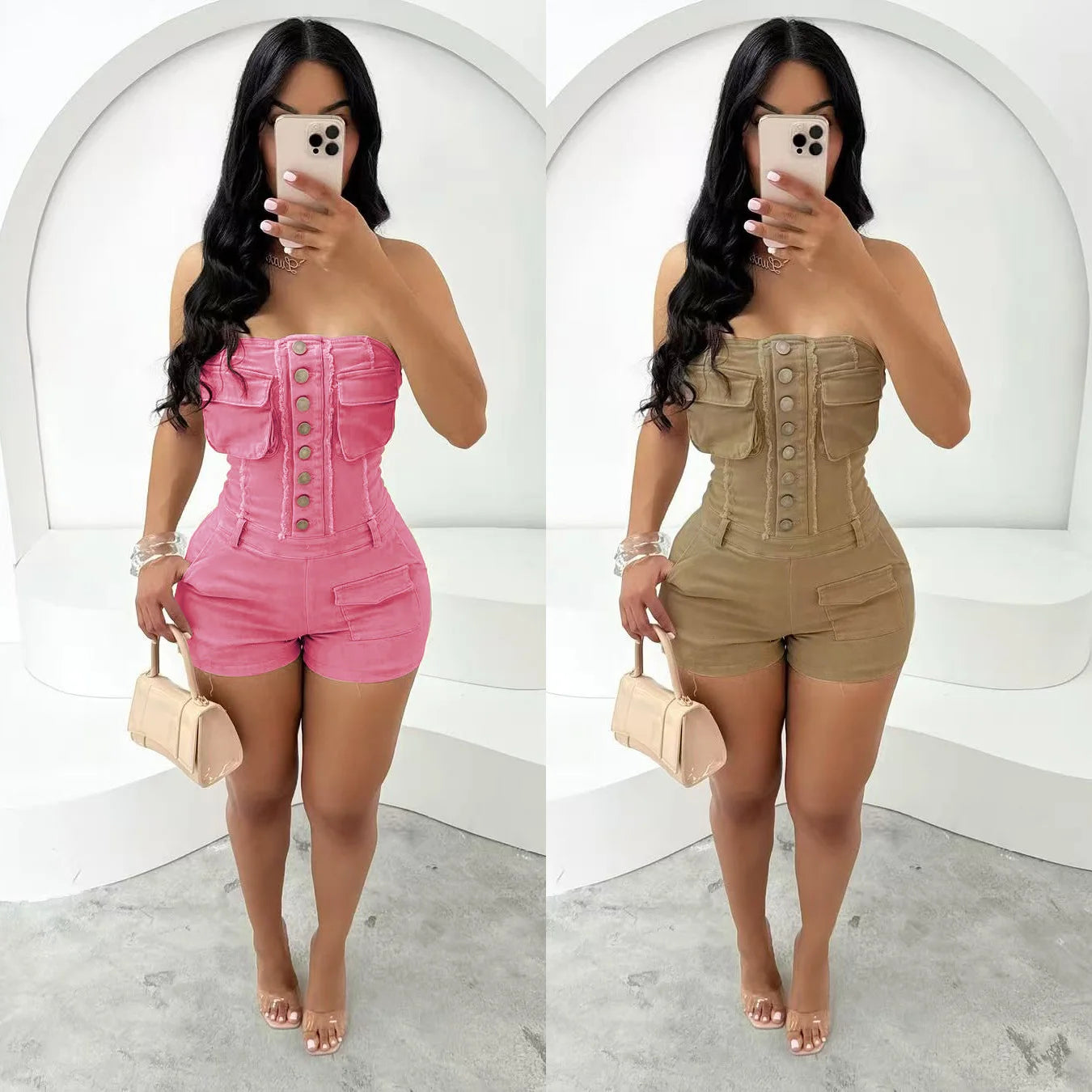 Pink Pockets Sleeveless Jumpsuits 2025 Summer Clothes Women