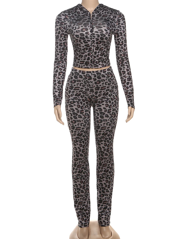 Cutenew Zip Leopard Set Women Tracksuit Hooded Jacket+Leggings Matching