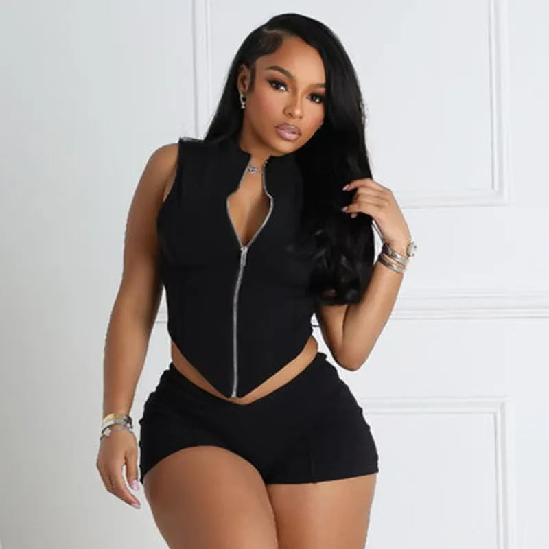 Fitness Women 2 Piece Set Zipper Fly Sleeveless Crop Top Skinny Biker Shorts Matching Set 2025 Summer New Popular Tracksuits