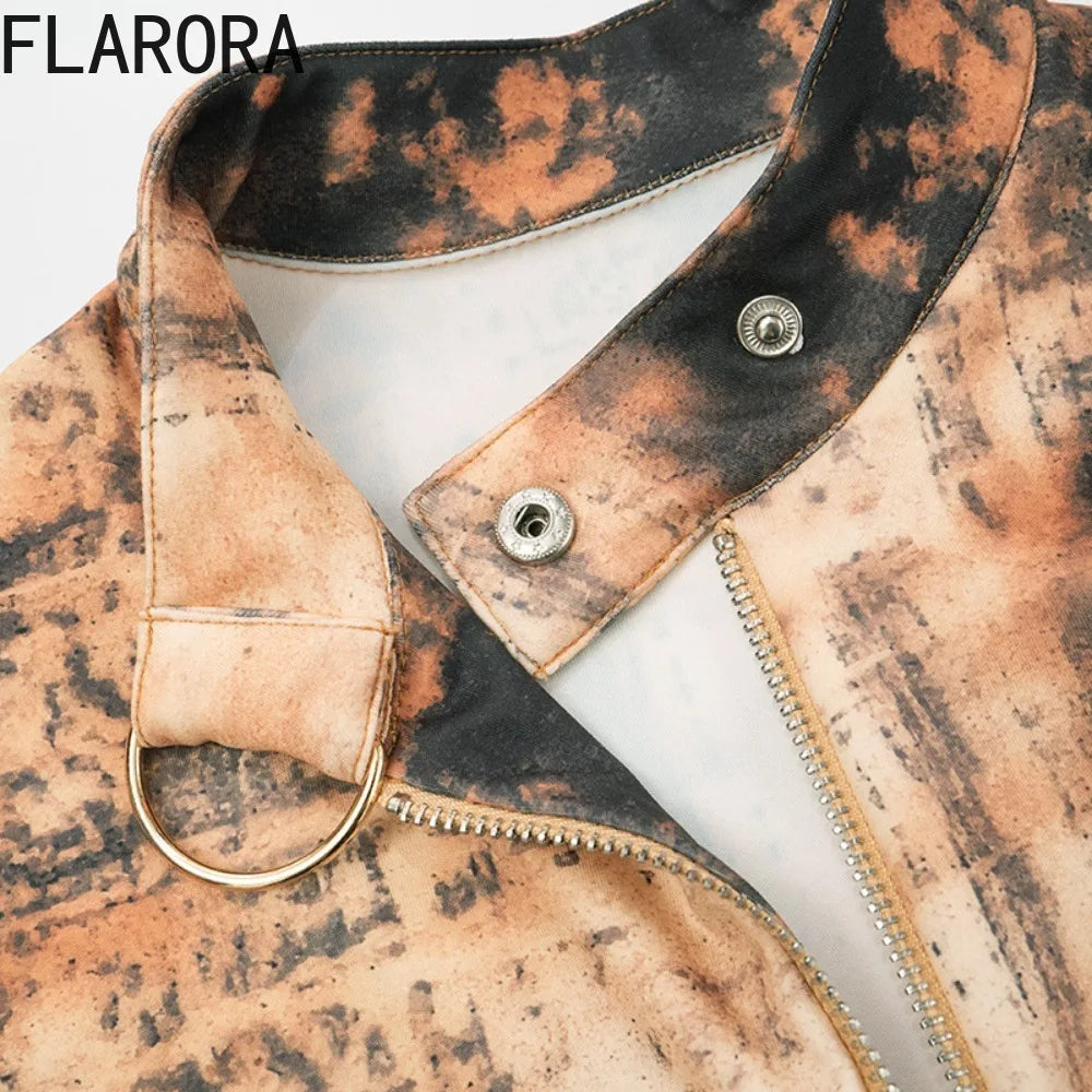 Prompearl  Vintage Woman Long Sleeve Zipper Crop Jackets And Skinny Shorts